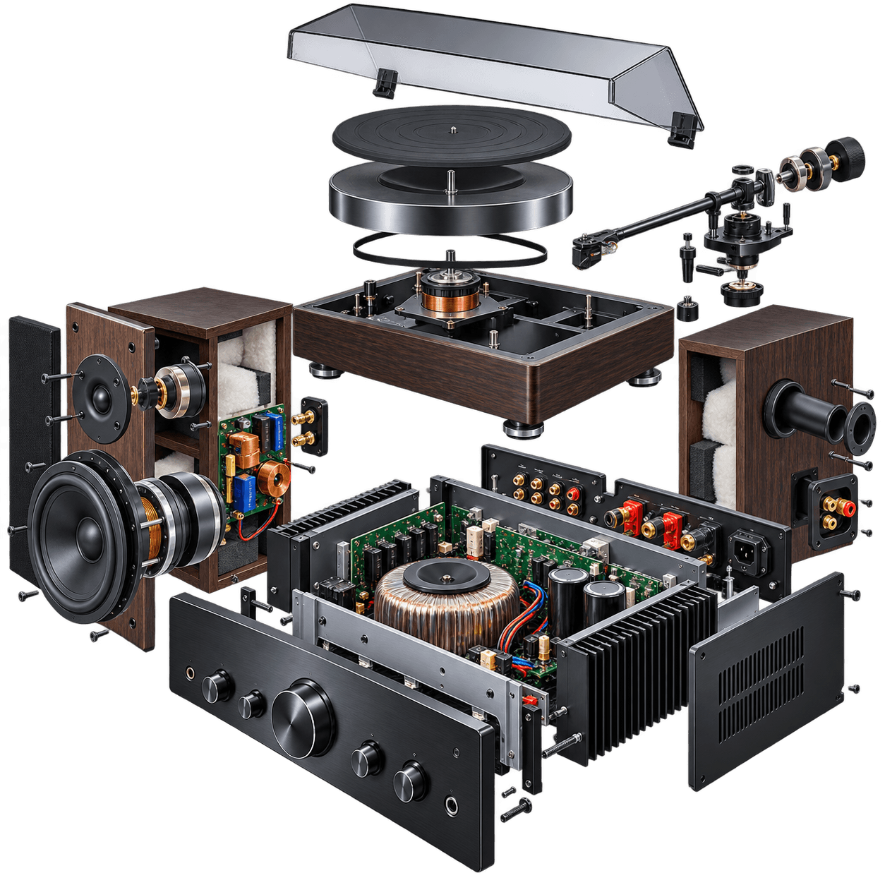 HiFi-Gerät und Lautsprecher für eine technische Prüfung