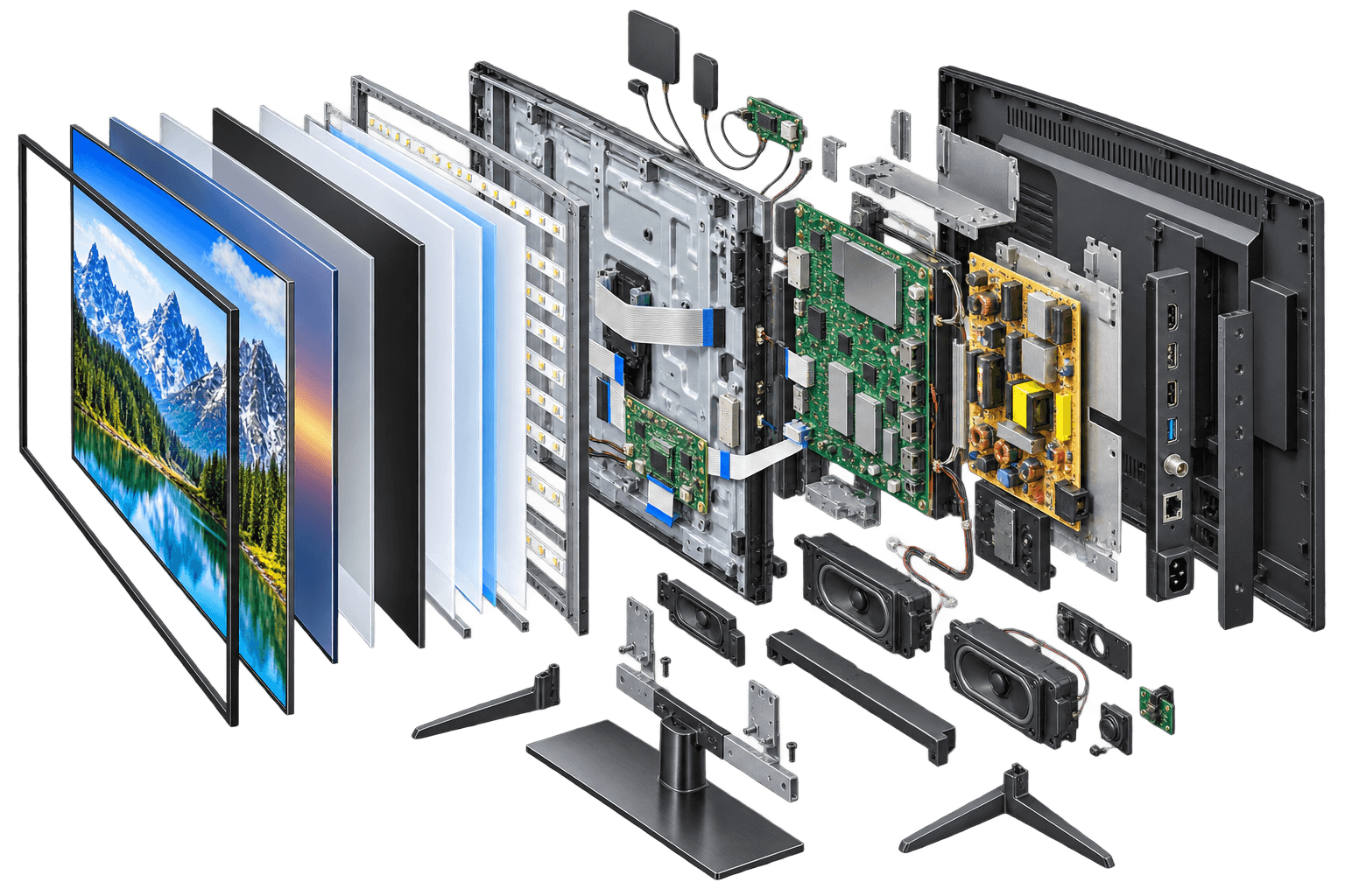 Explosionszeichnung eines Fernsehers: Panel, Backlight-Einheit, Diffusorfolien, T-Con-Platine, Mainboard und Netzteil