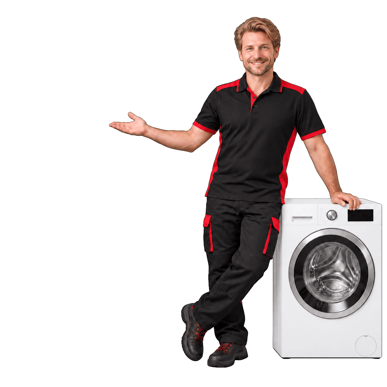 Blonder Techniker präsentiert den Reparaturservice neben einer Waschmaschine