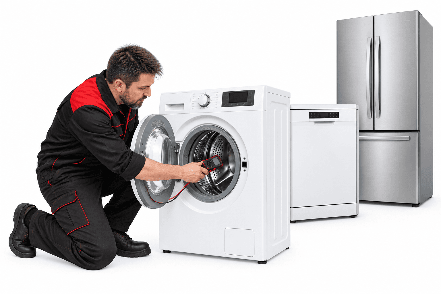 Techniker prüft eine Waschmaschine neben weiteren Haushaltsgeräten