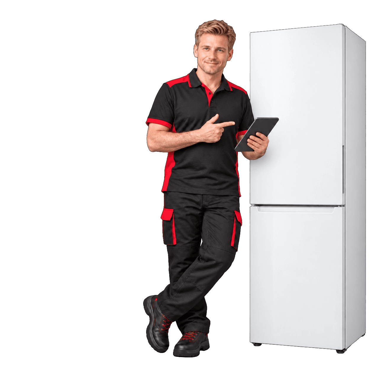 Blonder Berater vergleicht mit einem Tablet die Anforderungen an einen Kühlschrank