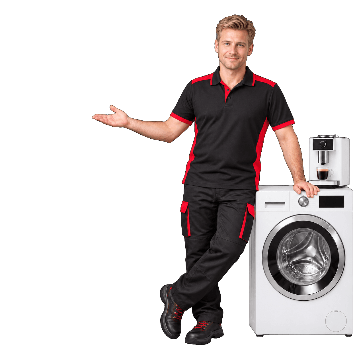Blonder Berater präsentiert eine Waschmaschine und eine Kaffeemaschine für eine Verkaufsanfrage